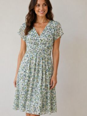 Dress Barn Dress Fairycore Feminine Pastel Green Fit/Flare Ruched Waist  Sz 12